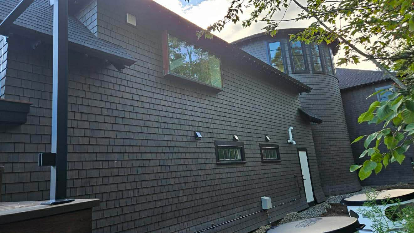 Dark stained shake siding — residential exterior repaint