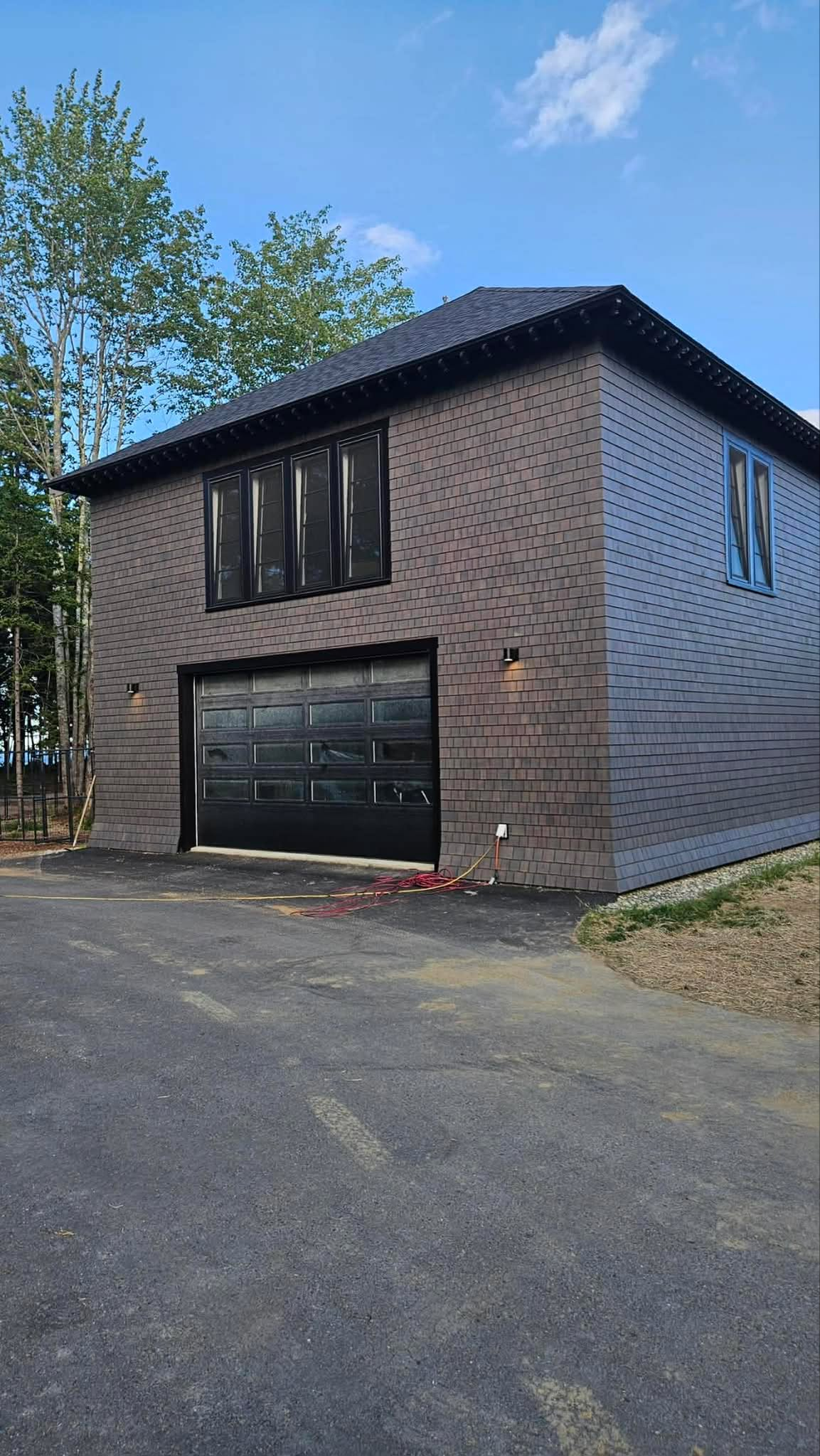 Dark brown shake garage — exterior paint